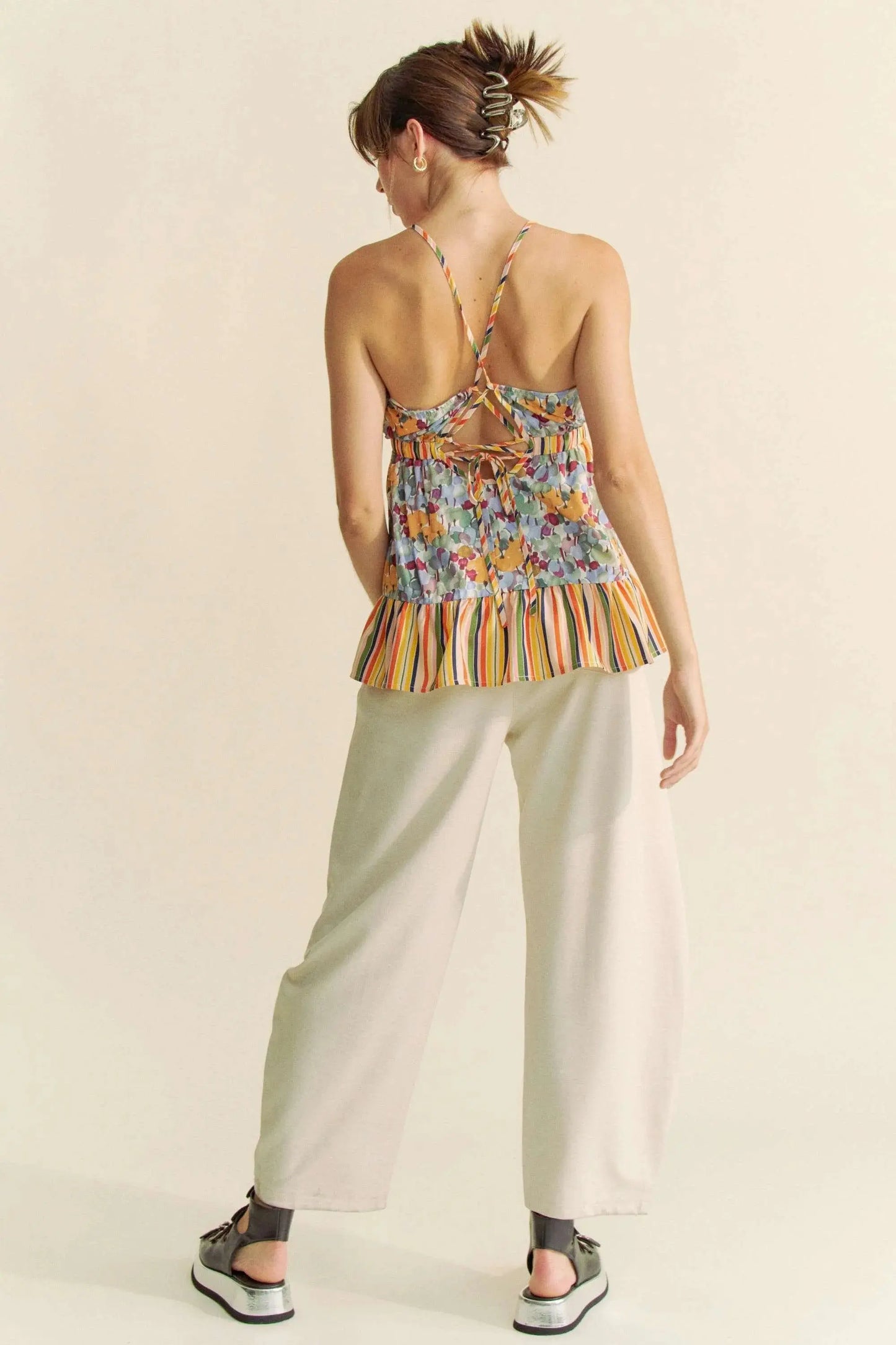 Tank Top - Floral Smocked Ruffle - Summer Casual Tie Back