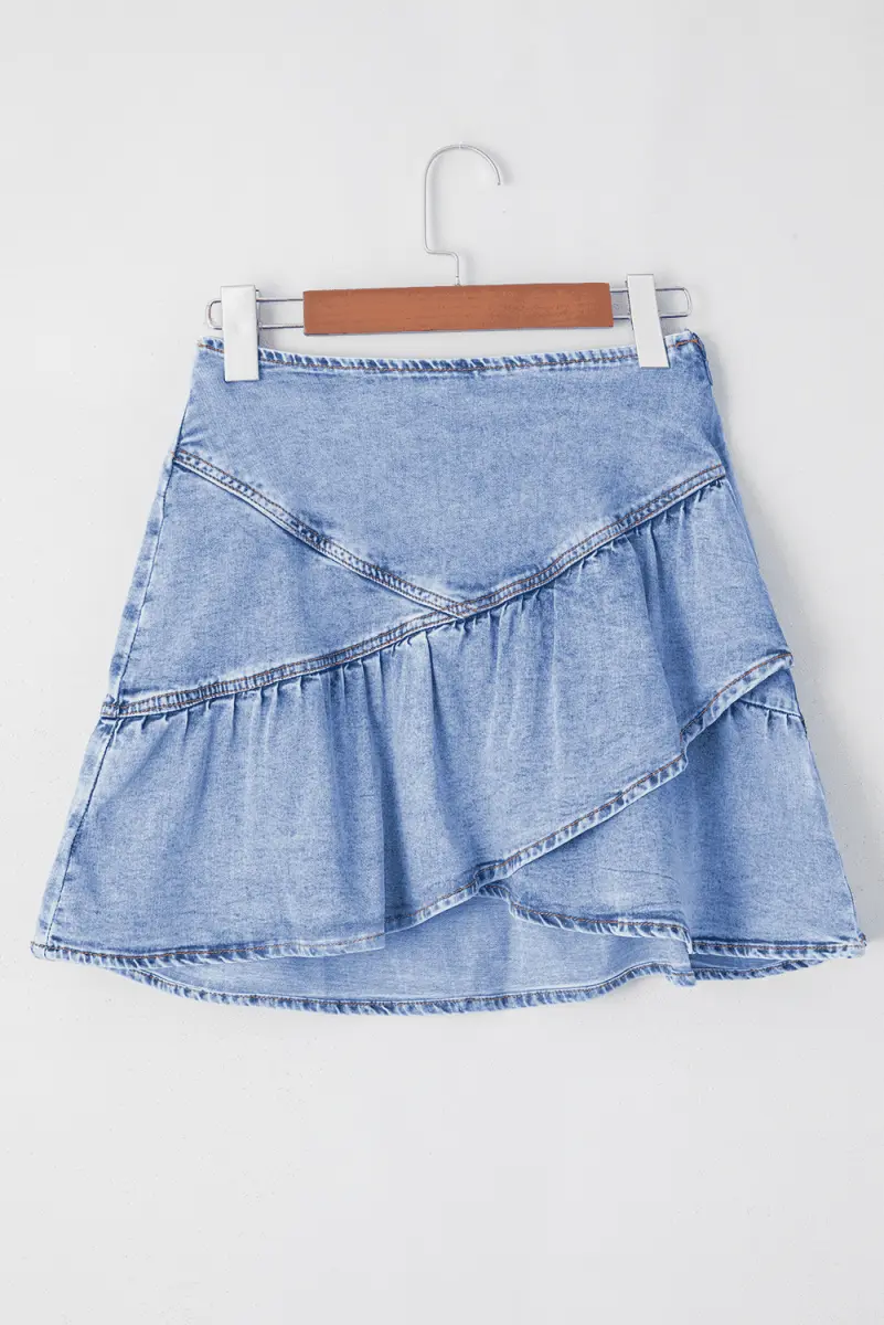 Love Salve  Beau Blue Ruffled Asymmetric Denim Mini Skirt