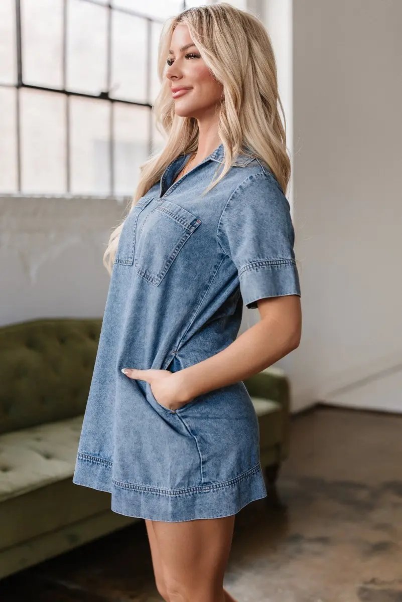 Love Salve  Beau Blue Short Sleeve Collared Patched Pocket
