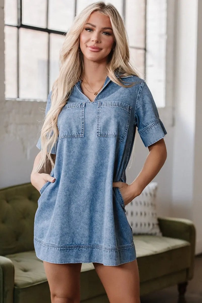 Love Salve  Beau Blue Short Sleeve Collared Patched Pocket