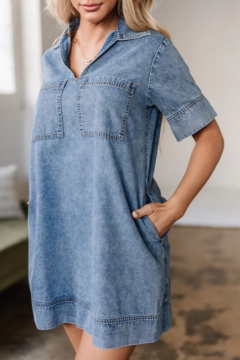 Love Salve  Beau Blue Short Sleeve Collared Patched Pocket