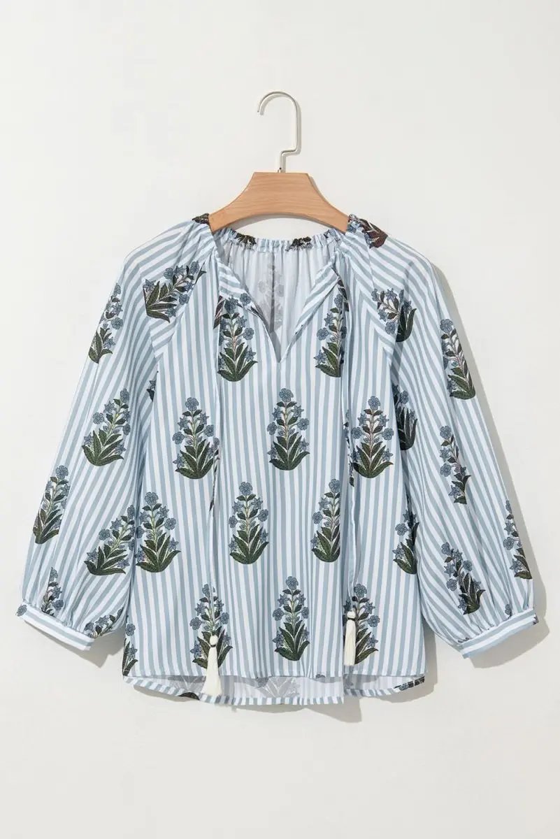 Love Salve  Beau Blue Striped Floral Printed Long Sleeve