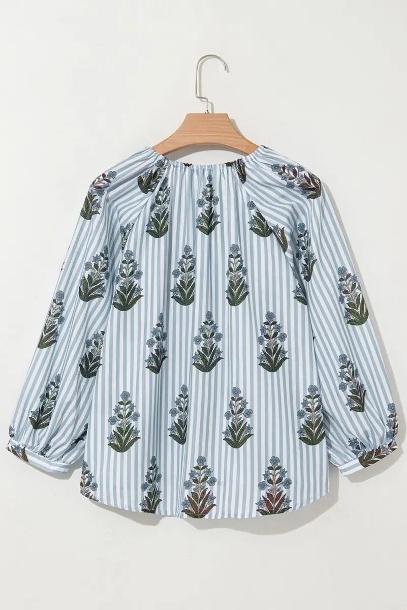 Love Salve  Beau Blue Striped Floral Printed Long Sleeve