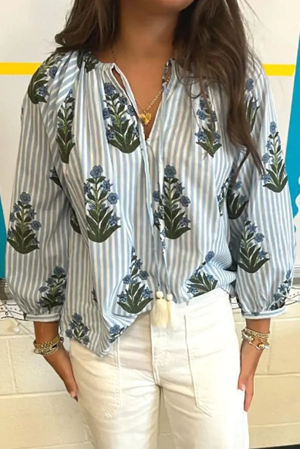 Love Salve  Beau Blue Striped Floral Printed Long Sleeve