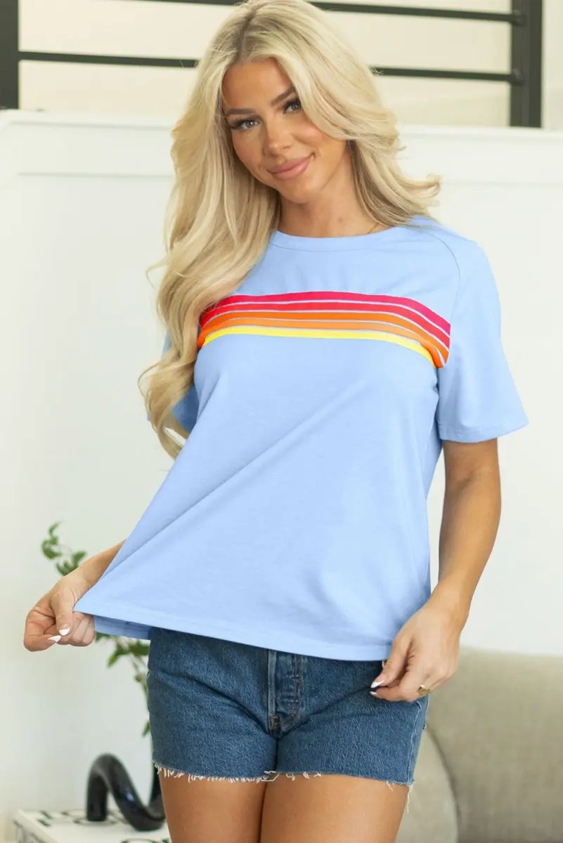 Love Salve  Beau Blue Striped Patch Front Casual Tee for