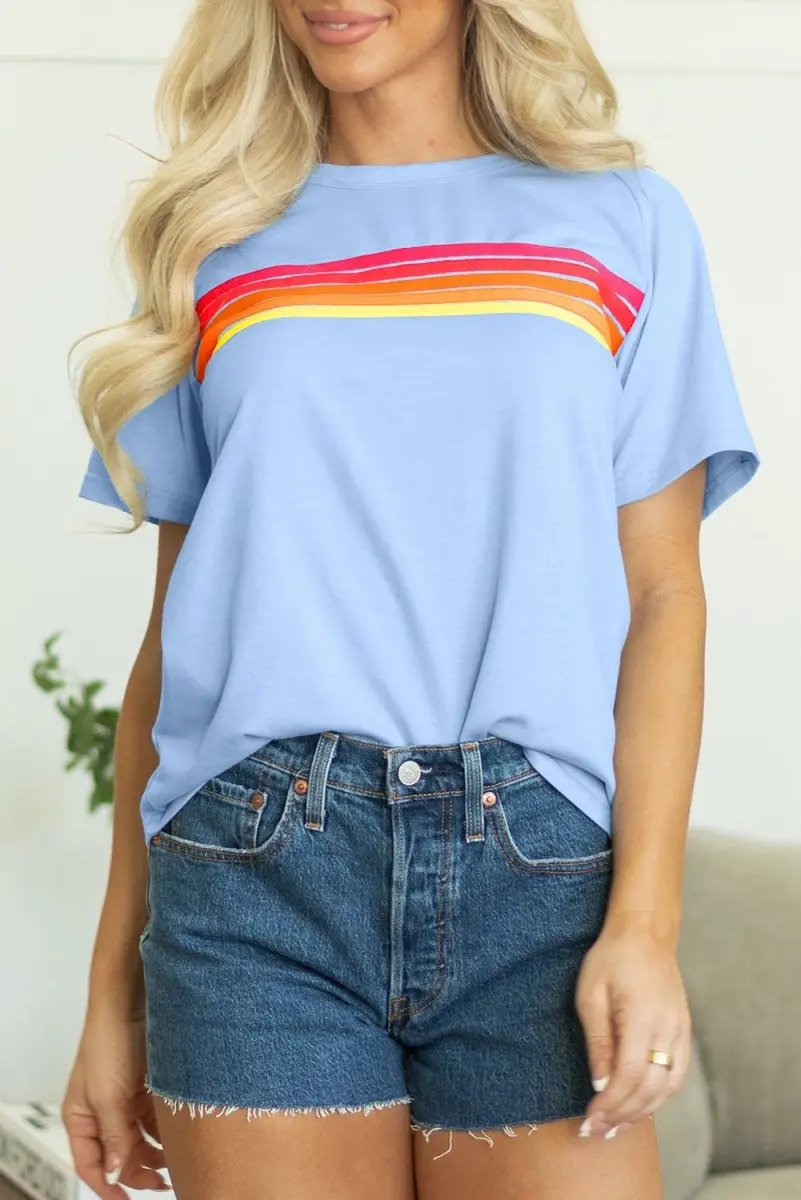Love Salve  Beau Blue Striped Patch Front Casual Tee for