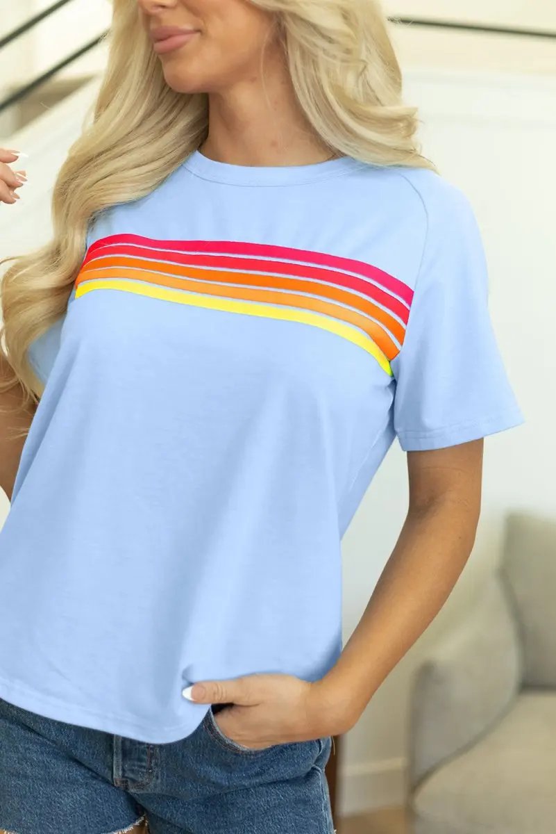 Love Salve  Beau Blue Striped Patch Front Casual Tee for