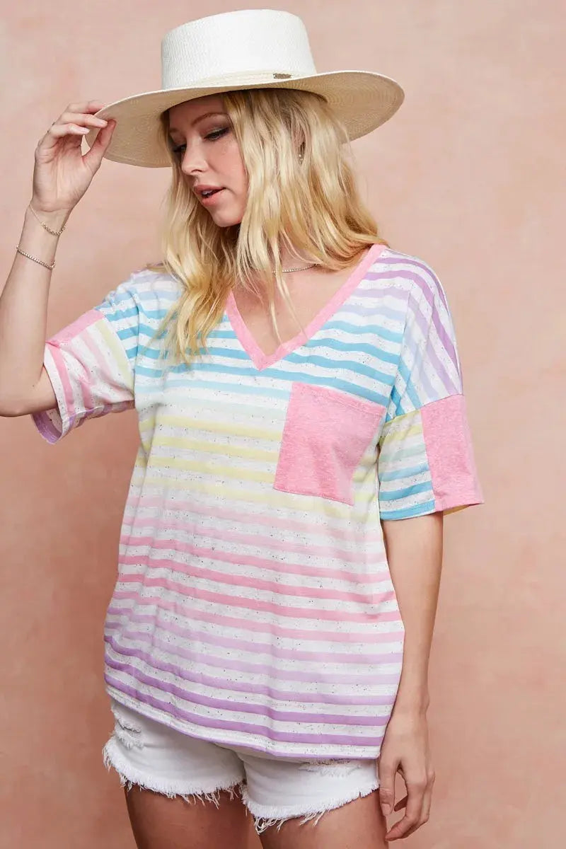 Women's Tee - Rainbow Stripe - Casual Knit Top