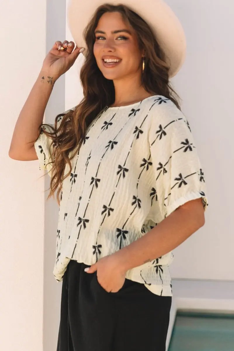 Love Salve  Beige Bow Print Puff Short Sleeve Top for Women