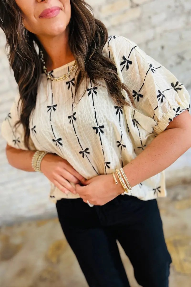 Love Salve  Beige Bow Print Puff Short Sleeve Top for Women