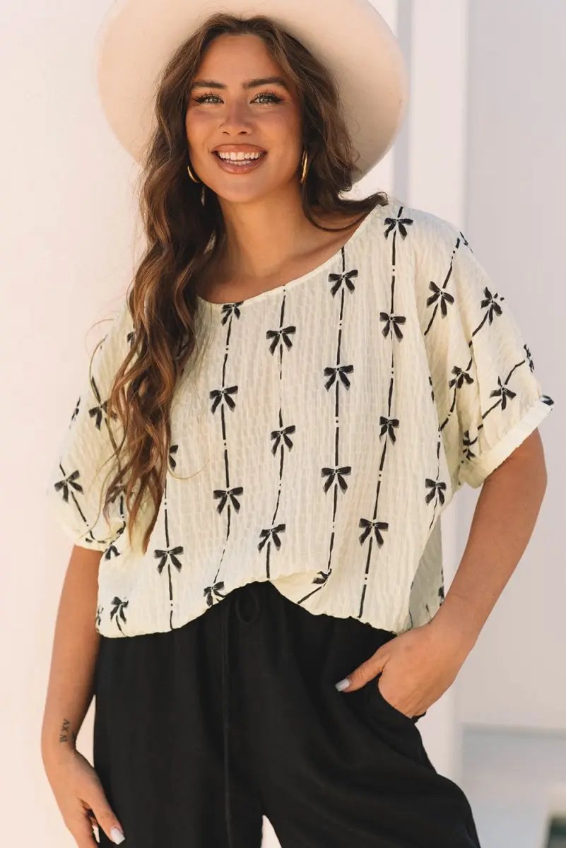 Love Salve  Beige Bow Print Puff Short Sleeve Top for Women