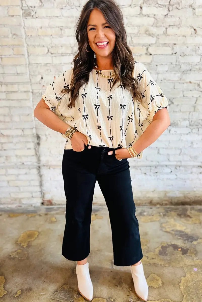 Love Salve  Beige Bow Print Puff Short Sleeve Top for Women