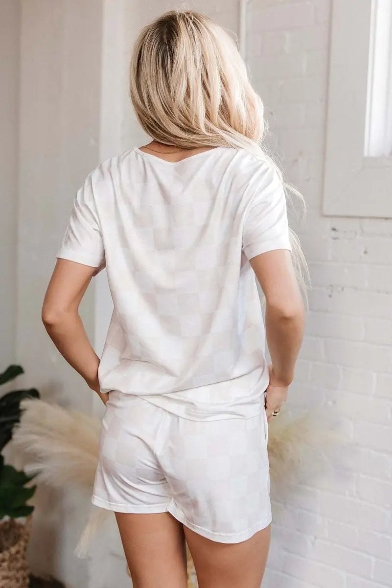 Love Salve  Beige Checkered V Neck Tee Drawstring Shorts