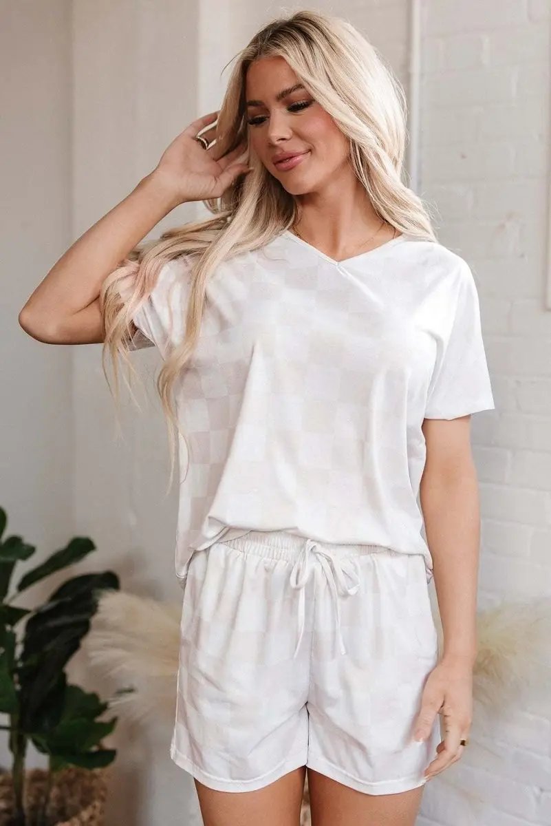 Love Salve  Beige Checkered V Neck Tee Drawstring Shorts