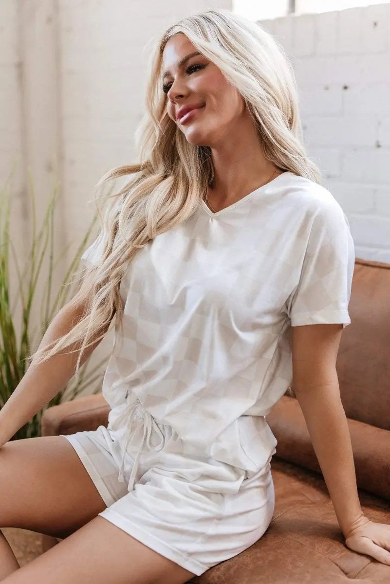 Love Salve  Beige Checkered V Neck Tee Drawstring Shorts