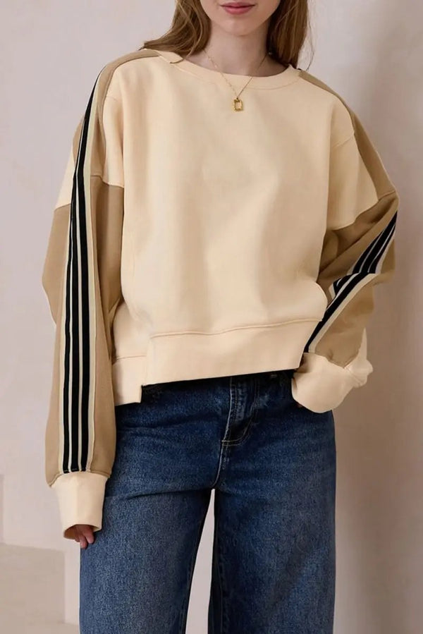 Love Salve  Beige Contrast Striped Patchwork Drop Shoulder