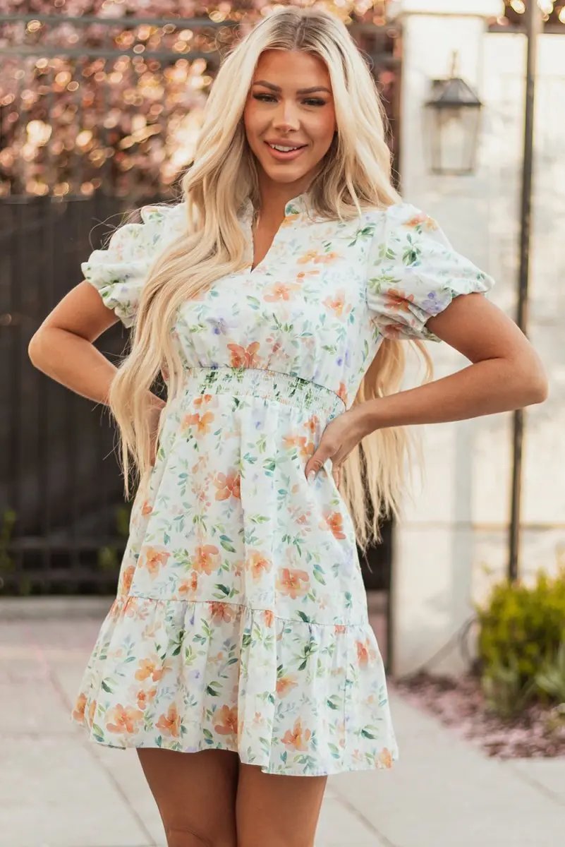 Love Salve  Beige Floral Print Shirred High Waist Puff