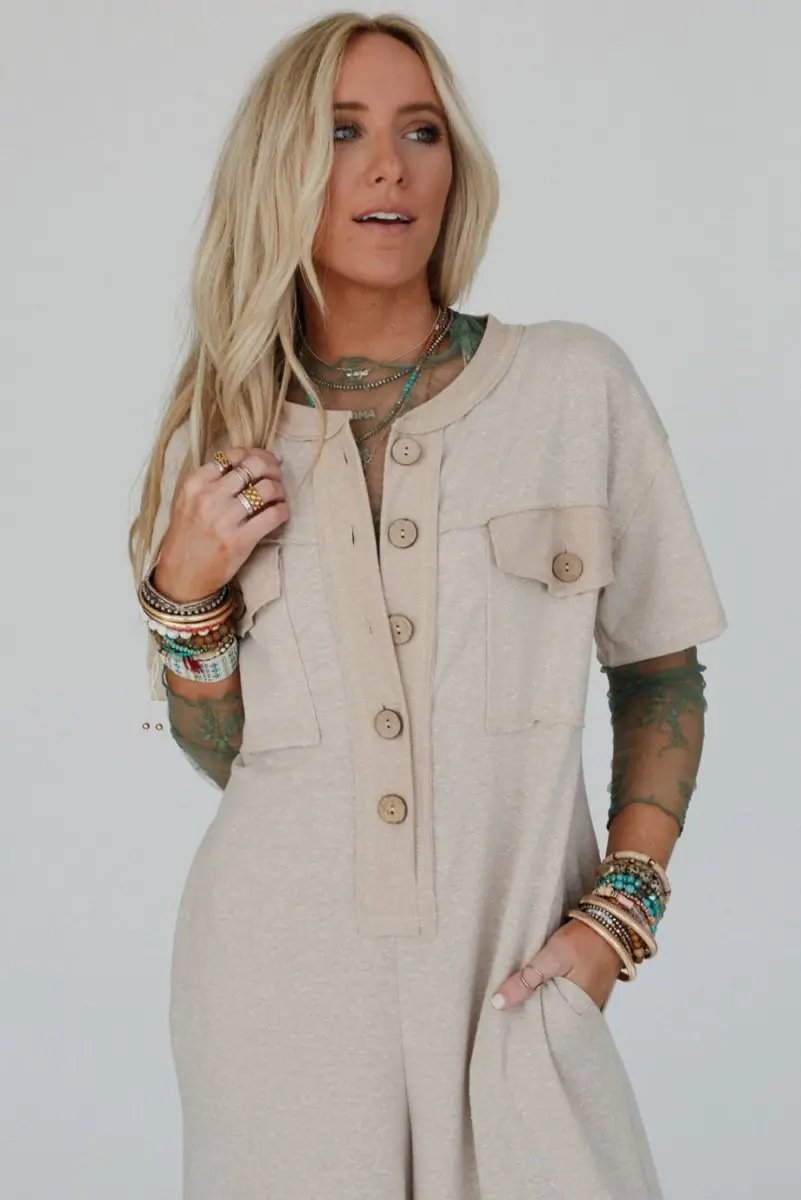 Love Salve  Beige Half Placket Chest Pockets Short Sleeve
