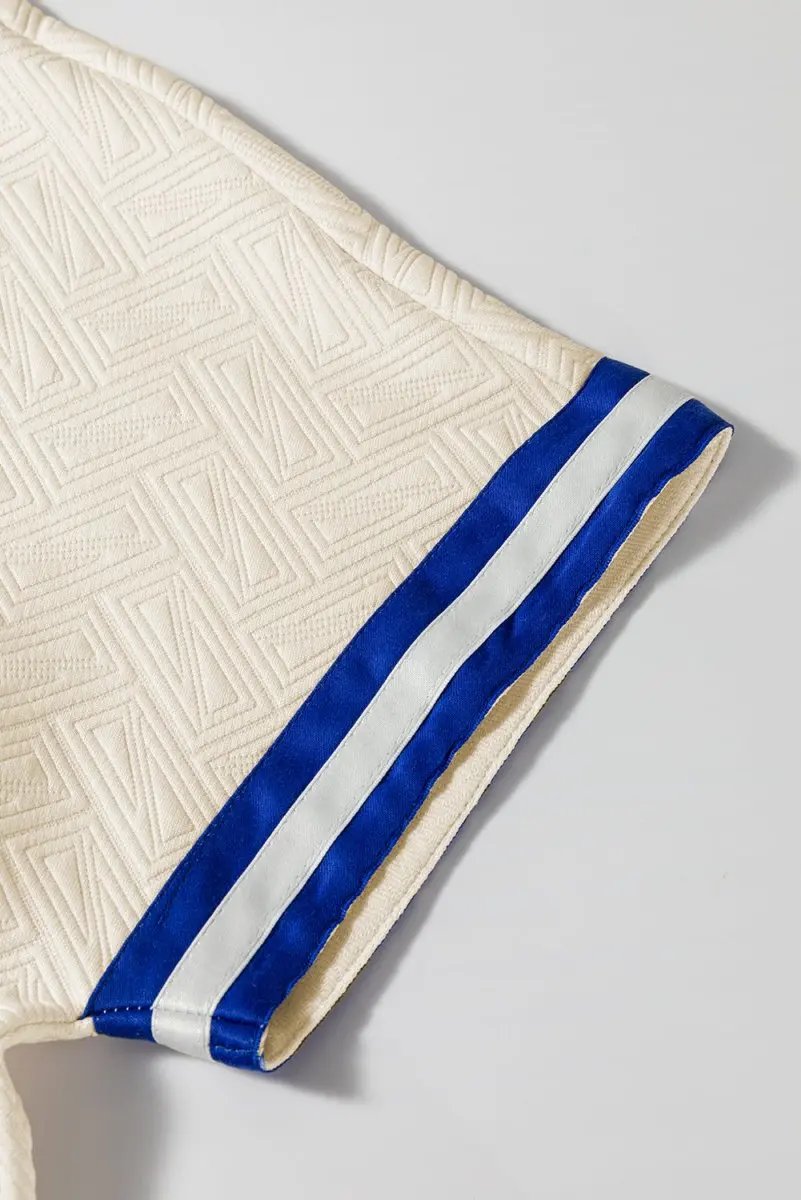 Love Salve Beige Striped Trim Top Women's Preppy Quarter Zip Short Sleeve - Summer Style