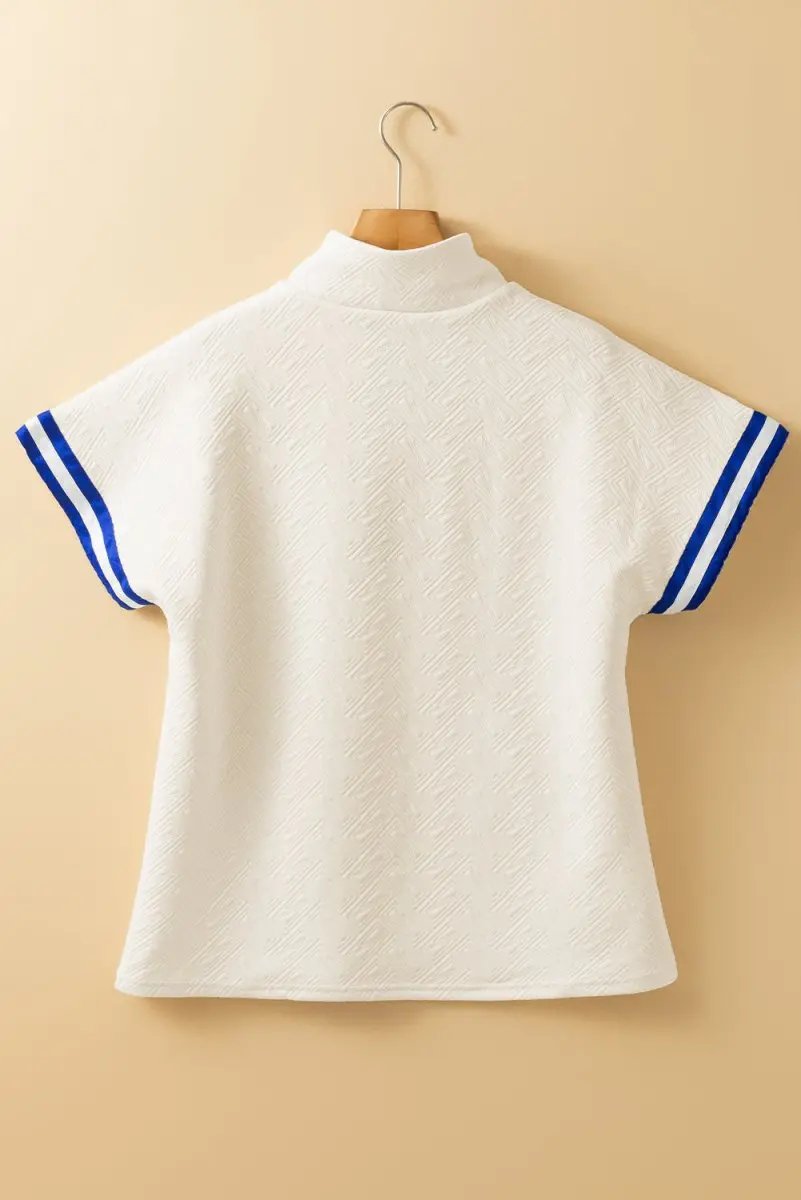 Love Salve Beige Striped Trim Top Women's Preppy Quarter Zip Short Sleeve - Summer Style