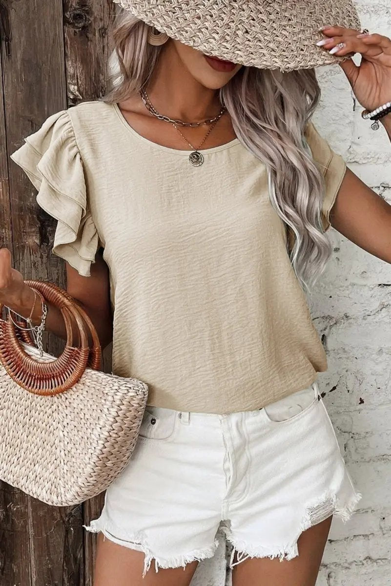 Love Salve Beige Blouse Women's Daily Wear Ruffle Sleeve Elegant Top