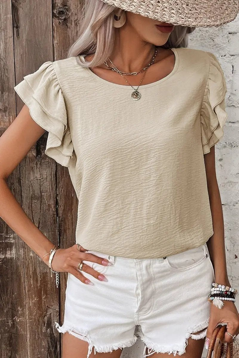 Love Salve Beige Blouse Women's Daily Wear Ruffle Sleeve Elegant Top