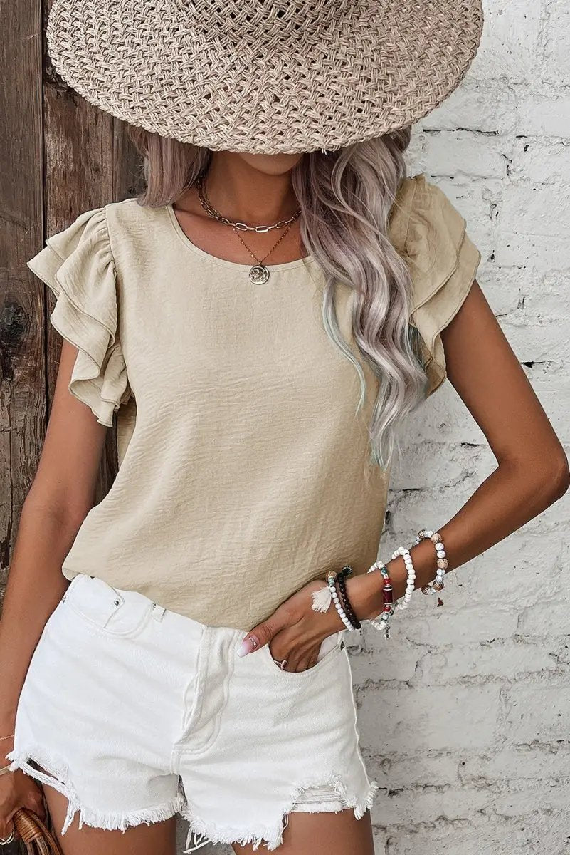 Love Salve Beige Blouse Women's Daily Wear Ruffle Sleeve Elegant Top