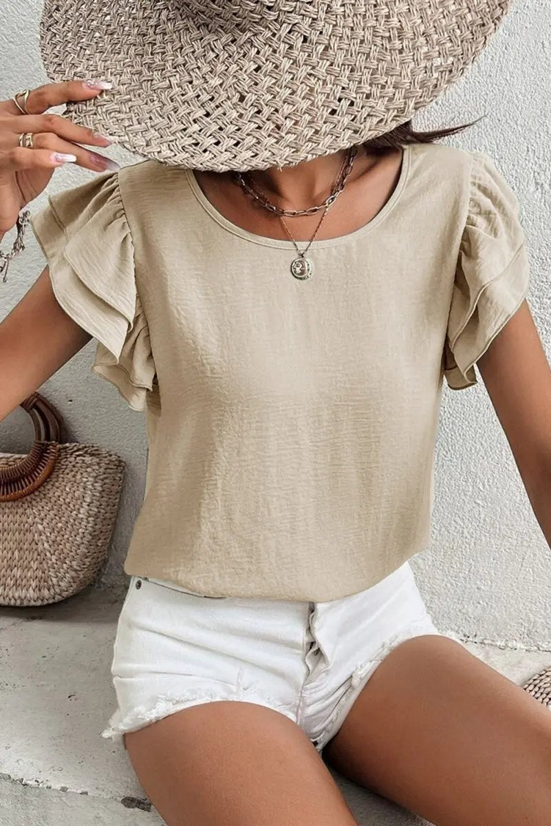 Love Salve Beige Blouse Women's Daily Wear Ruffle Sleeve Elegant Top