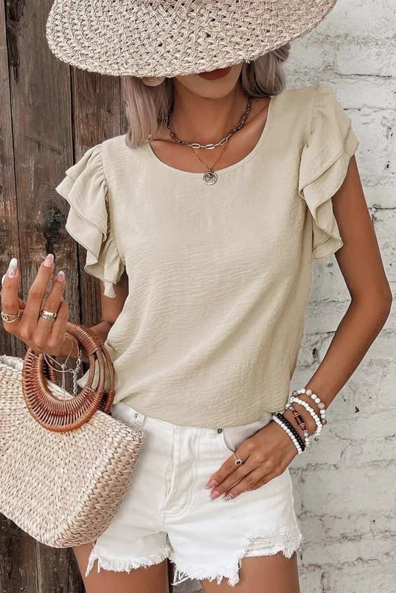 Love Salve Beige Blouse Women's Daily Wear Ruffle Sleeve Elegant Top