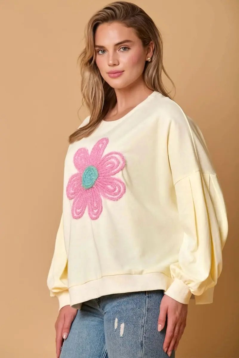 Love Salve Beige Floral Sweatshirt Women's Daily Wear Pullover Top - Dropped Sleeve, Embroidery
