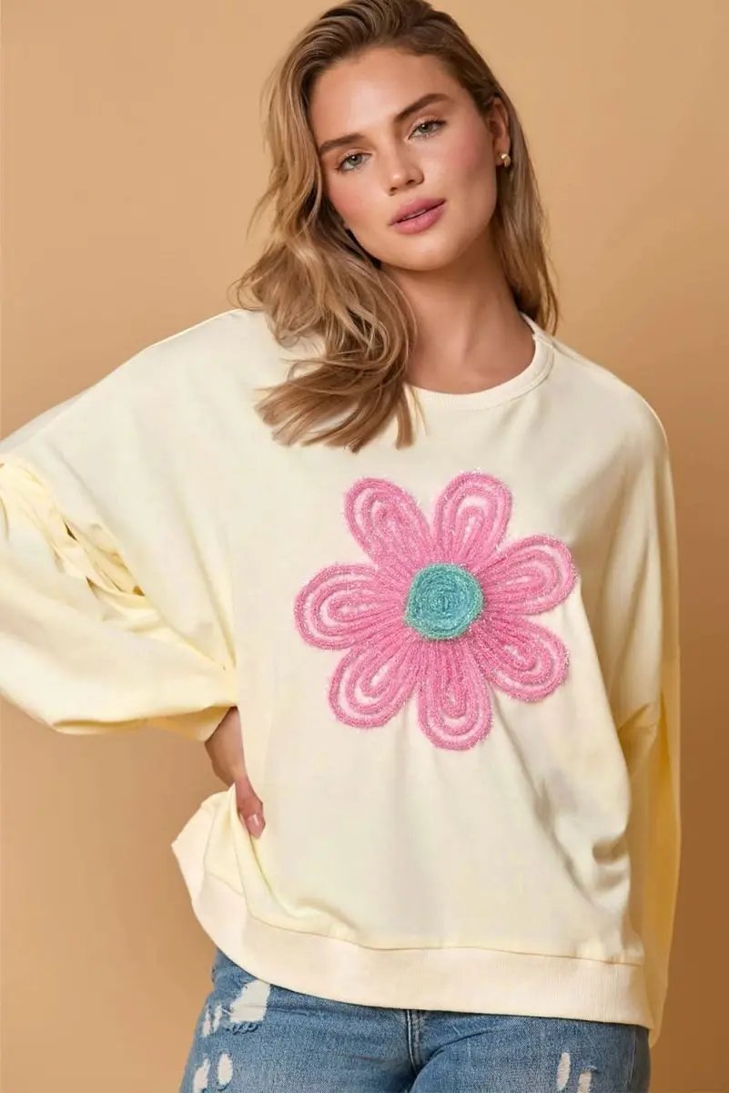 Love Salve Beige Floral Sweatshirt Women's Daily Wear Pullover Top - Dropped Sleeve, Embroidery