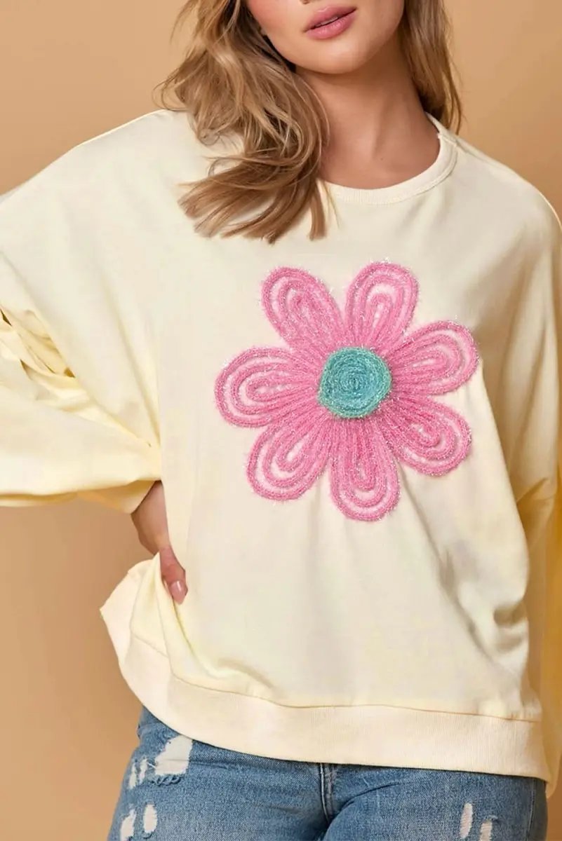 Love Salve Beige Floral Sweatshirt Women's Daily Wear Pullover Top - Dropped Sleeve, Embroidery