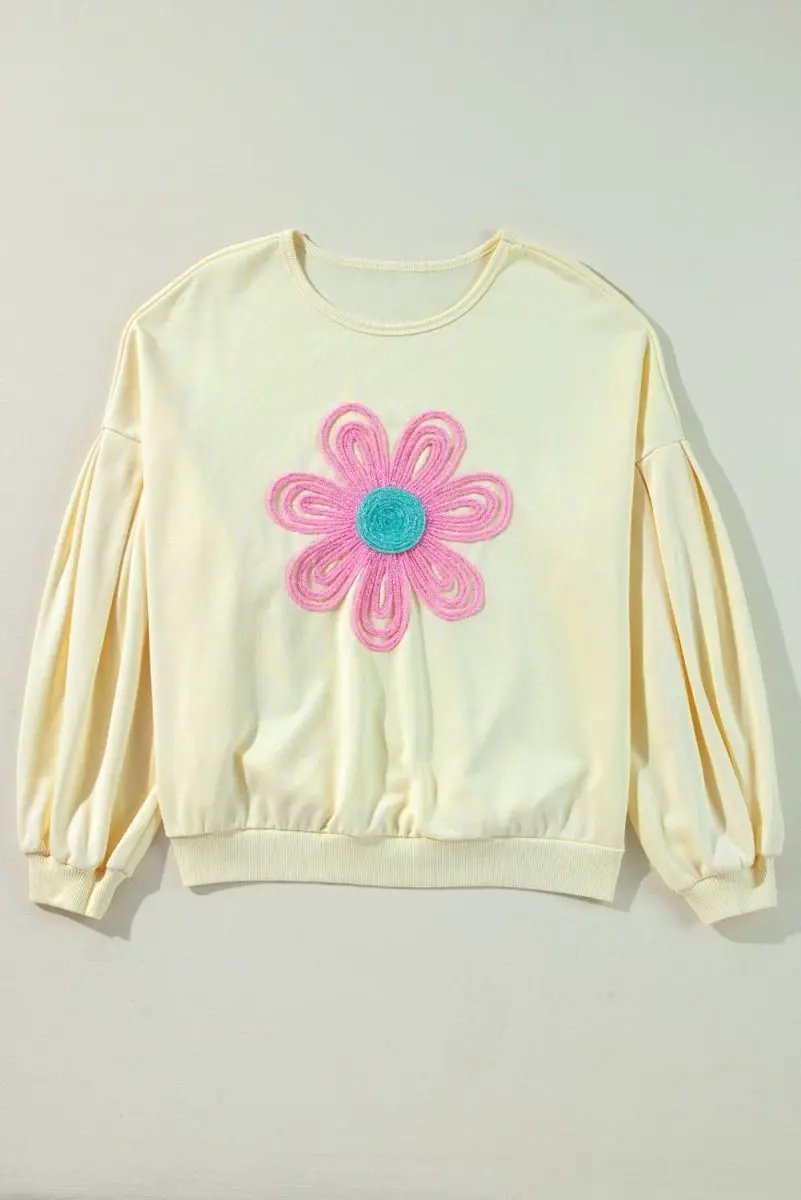 Love Salve Beige Floral Sweatshirt Women's Daily Wear Pullover Top - Dropped Sleeve, Embroidery