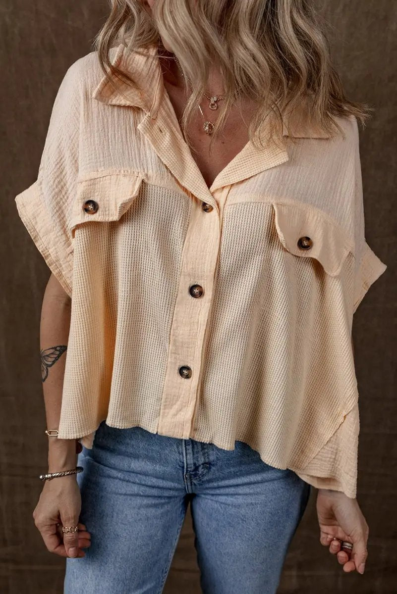 Women's Top - Batwing Sleeve Waffle Knit - Casual Summer Shirt