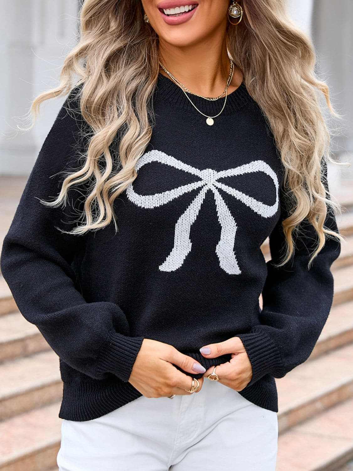 Trendsi Charming bow print long sleeve sweater