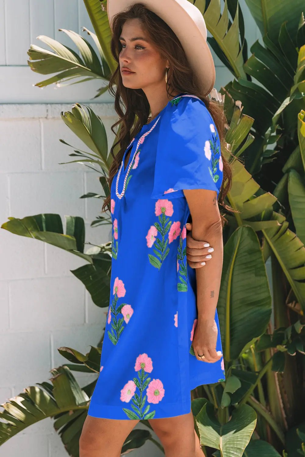 Mini Dress - Blue Floral Short Sleeve - Southern Belle Style