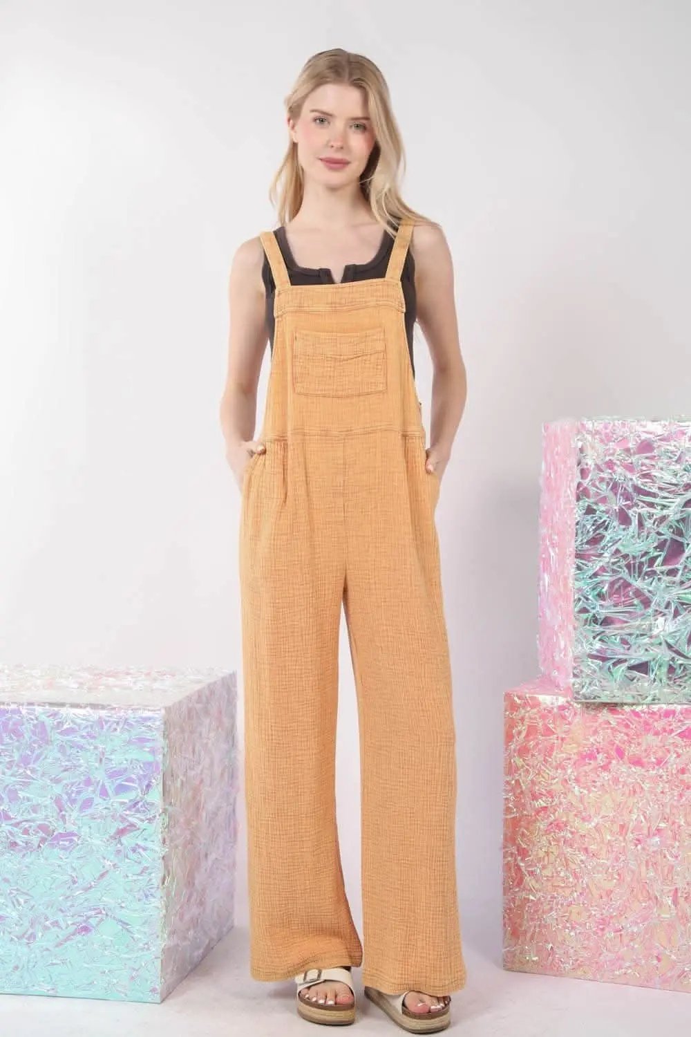 Trendsi VERY J Texture Washed Wide Leg Overalls