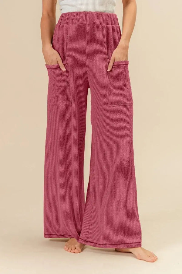 Trendsi 2Tone Cord Rib Pants Women's Casual Side Pocket Bottoms USA Ship