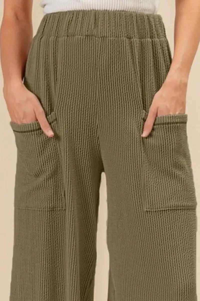 Trendsi 2Tone Ribbed Pants Women's Casual Everyday Pants Side Pockets USA Ship