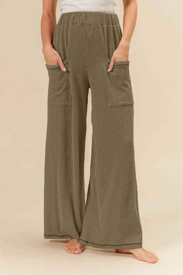 Trendsi 2Tone Ribbed Pants Women's Casual Everyday Pants Side Pockets USA Ship
