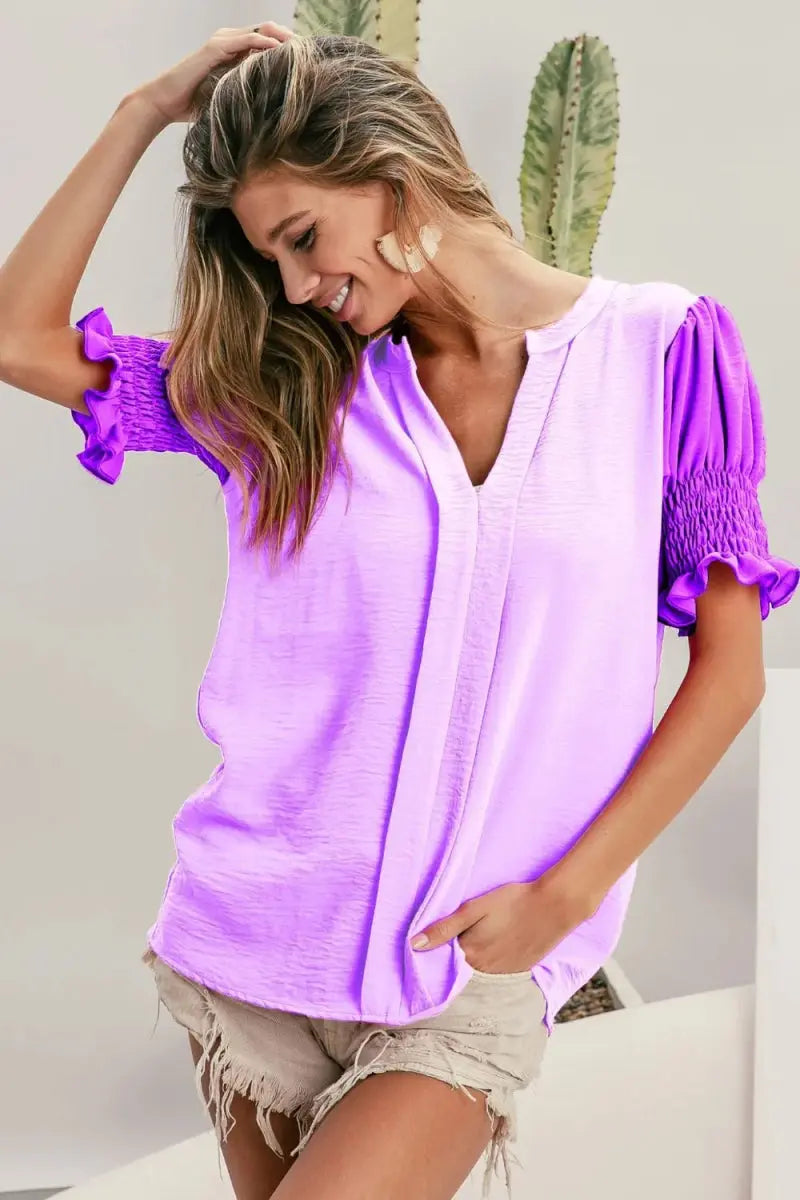 Trendsi BiBi Color Block Top Women's Casual V-Neck Puff Sleeve Shirt USA Ship