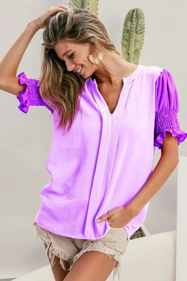 Trendsi BiBi Color Block Top Women's Casual V-Neck Puff Sleeve Shirt USA Ship
