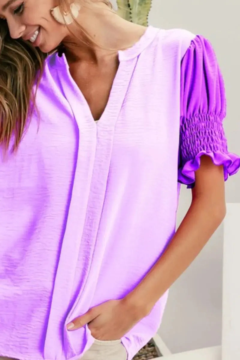 Trendsi BiBi Color Block Top Women's Casual V-Neck Puff Sleeve Shirt USA Ship