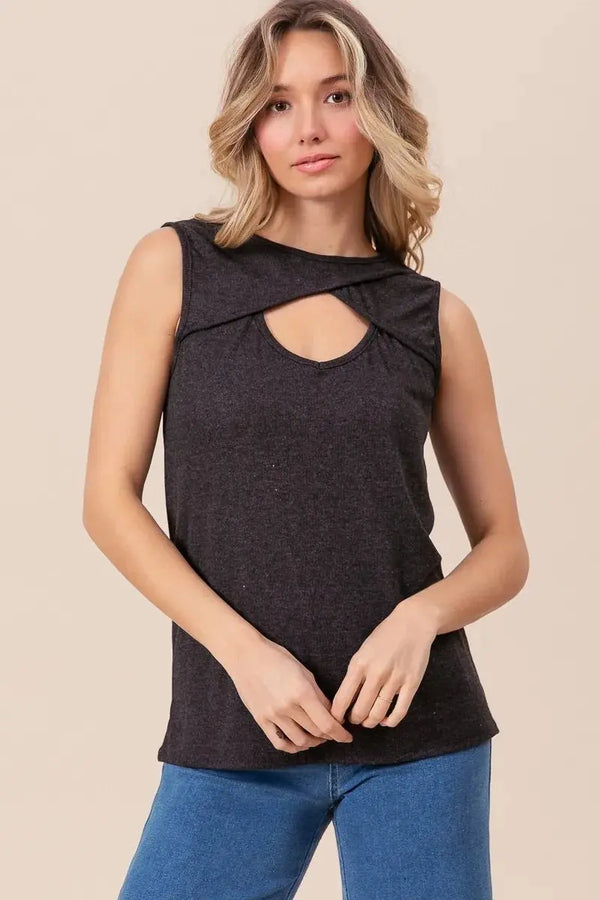 Trendsi Rib Knit Cut Out Top Women's Casual Sleeveless Tank Top - USA Ship