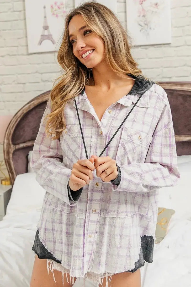 Trendsi Checkered Shirt Women's Casual Everyday Hooded Top USA Shipped