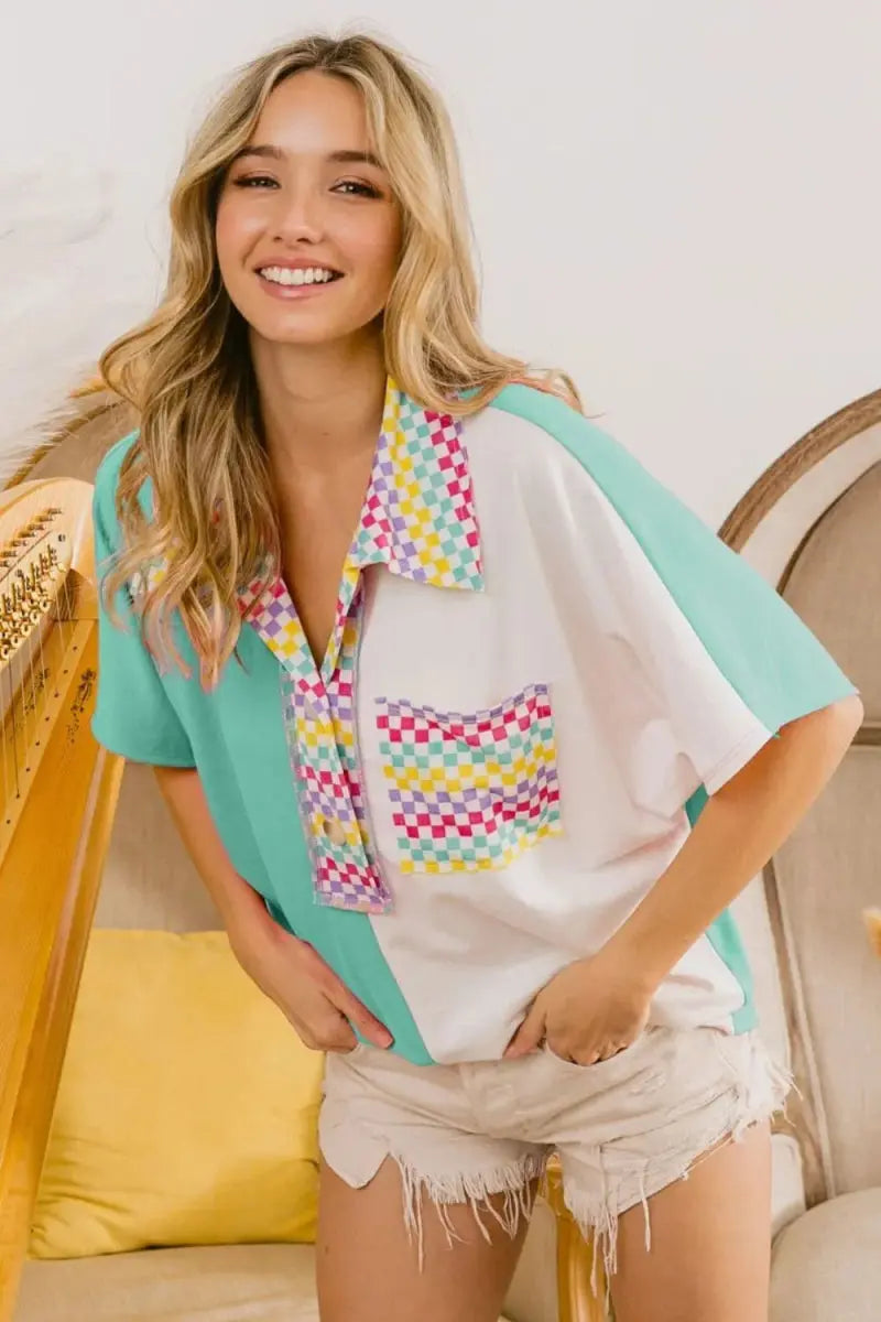 Trendsi Color Block Knit Women's Casual Checker Top - Soft & Stylish Shirt