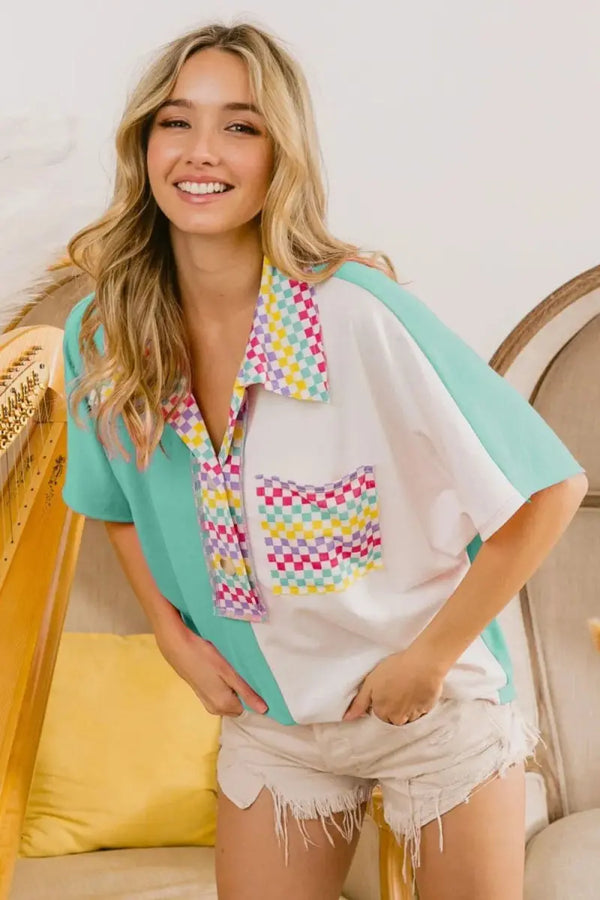 Trendsi Color Block Knit Women's Casual Checker Top - Soft & Stylish Shirt