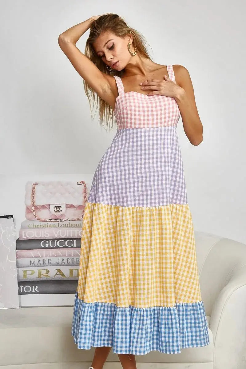 Trendsi Gingham Dress Color Block Women's Summer Casual Dress Tiered, Fun