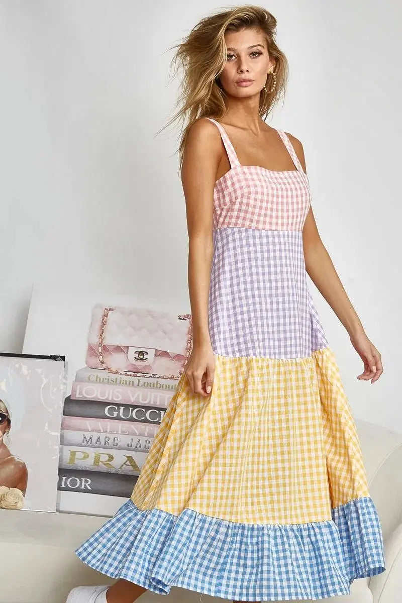 Trendsi Gingham Dress Color Block Women's Summer Casual Dress Tiered, Fun