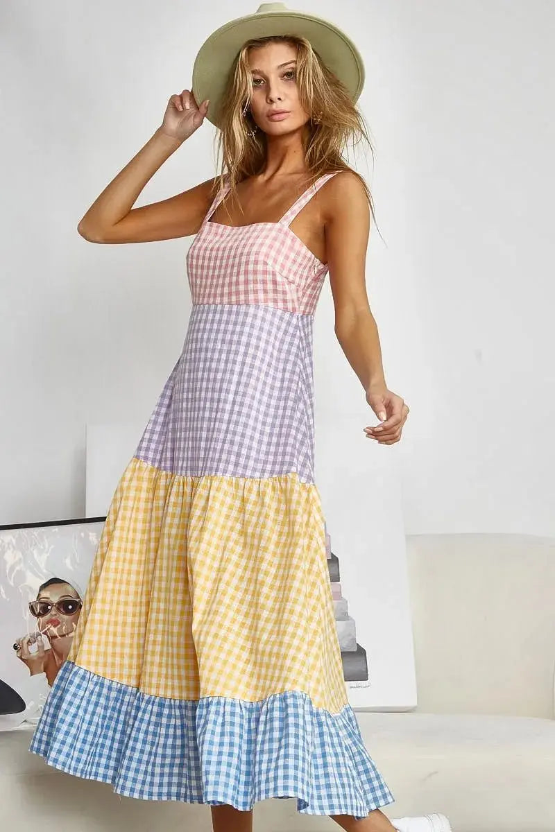 Trendsi Gingham Dress Color Block Women's Summer Casual Dress Tiered, Fun